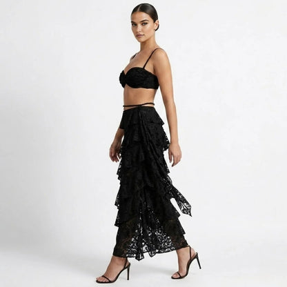 Altheira Lace Corset Two-Piece Set – Tiered Guipure Bustier & Cascading Maxi Skirt