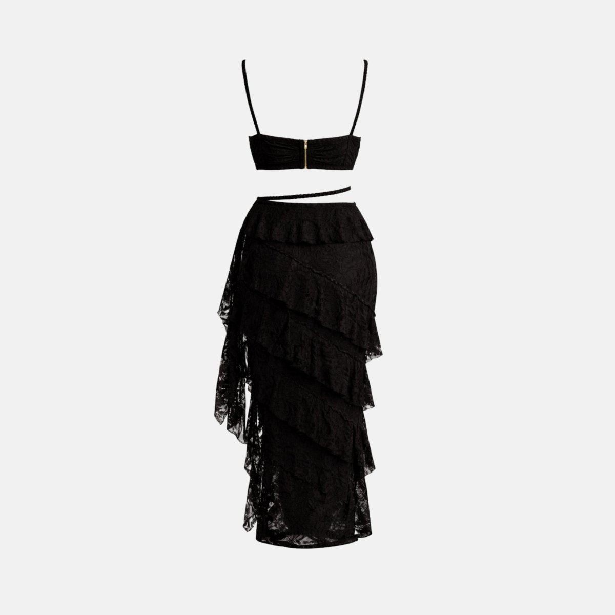 Altheira Lace Corset Two-Piece Set – Tiered Guipure Bustier & Cascading Maxi Skirt
