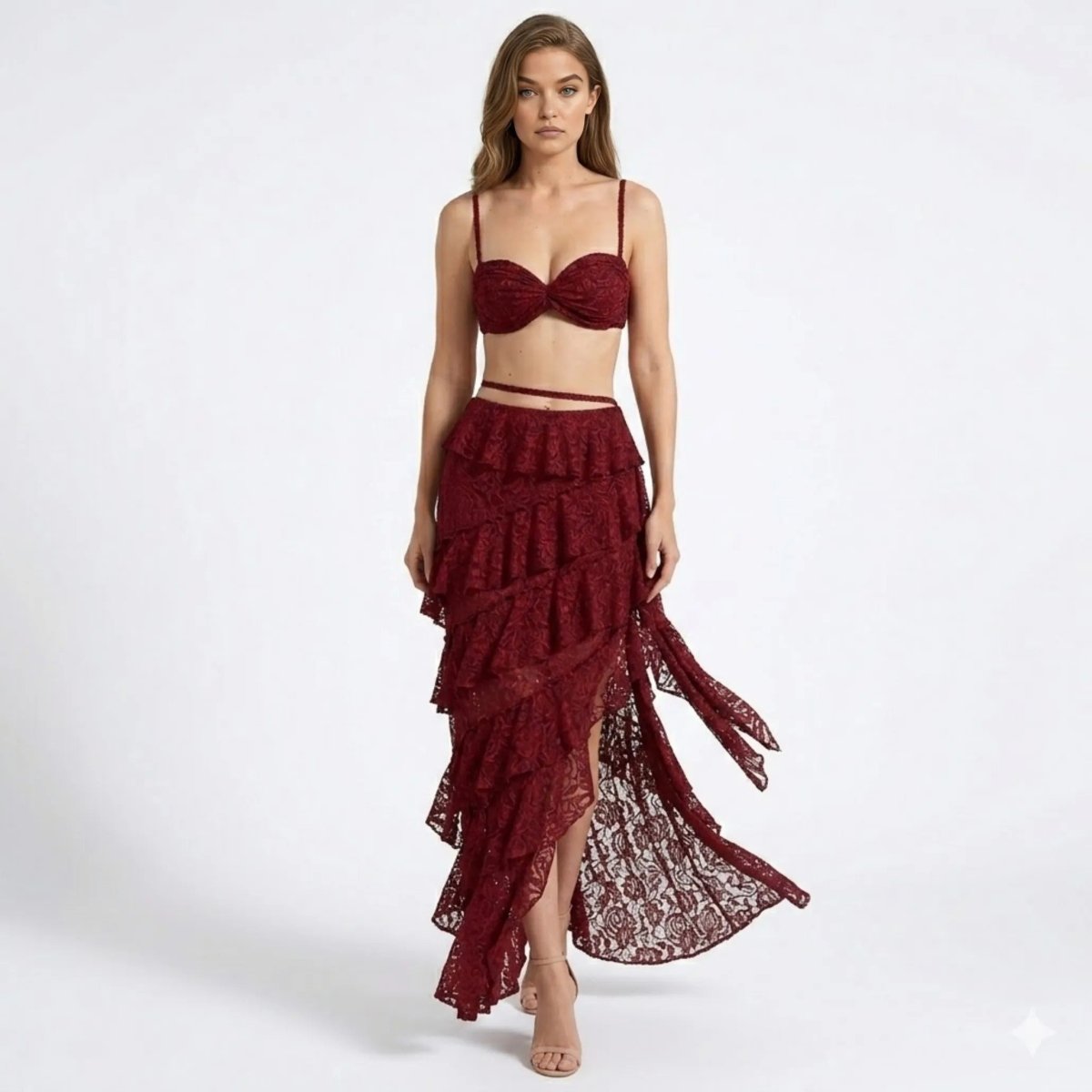 Altheira Lace Corset Two-Piece Set – Tiered Guipure Bustier & Cascading Maxi Skirt