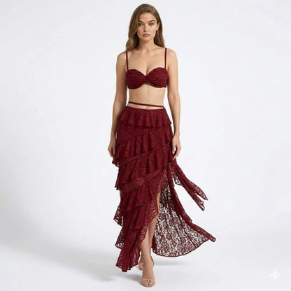 Altheira Lace Corset Two-Piece Set – Tiered Guipure Bustier & Cascading Maxi Skirt