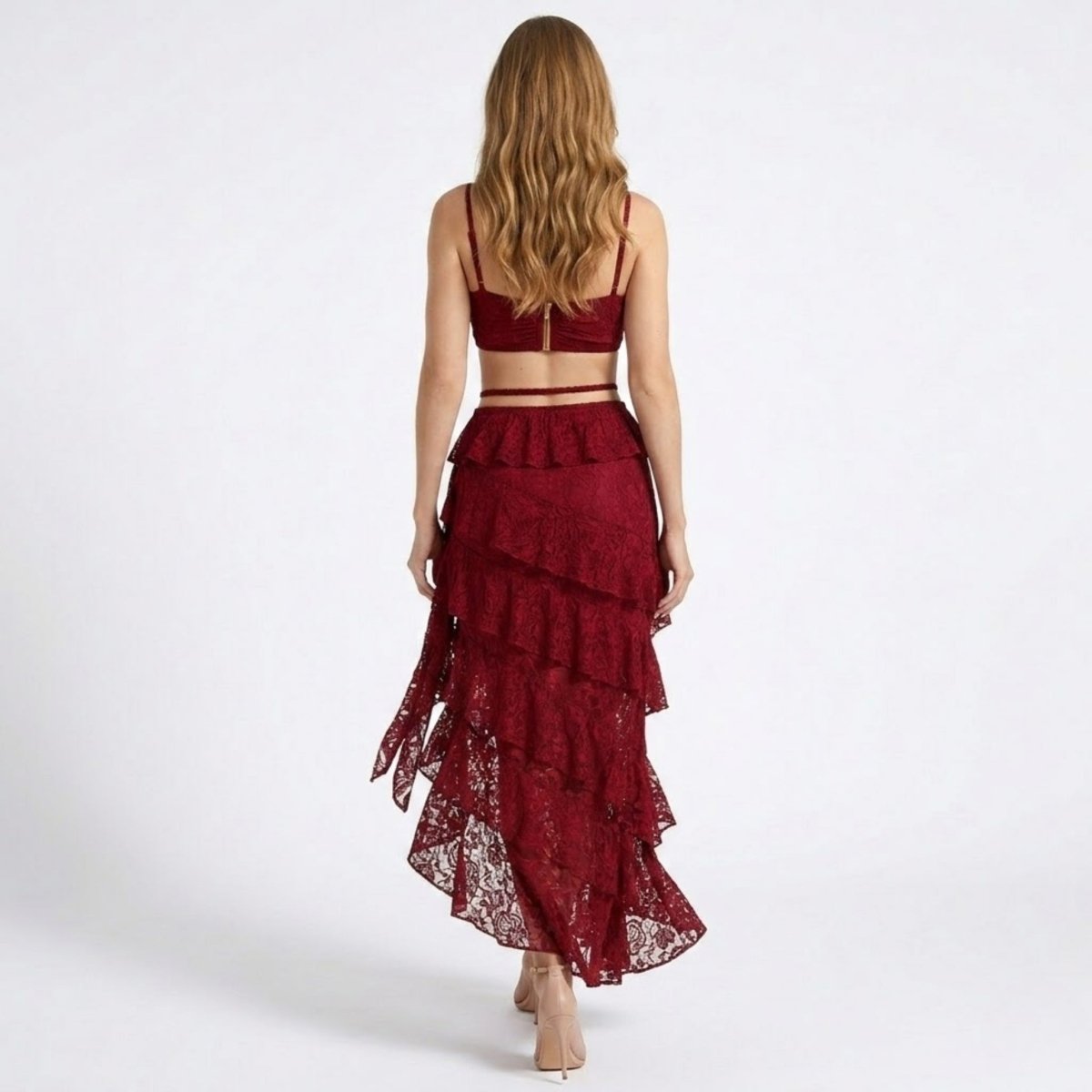 Altheira Lace Corset Two-Piece Set – Tiered Guipure Bustier & Cascading Maxi Skirt