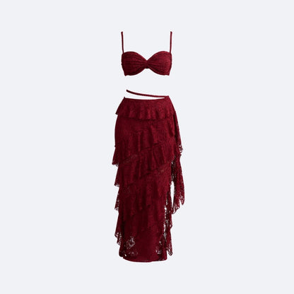 Altheira Lace Corset Two-Piece Set – Tiered Guipure Bustier & Cascading Maxi Skirt