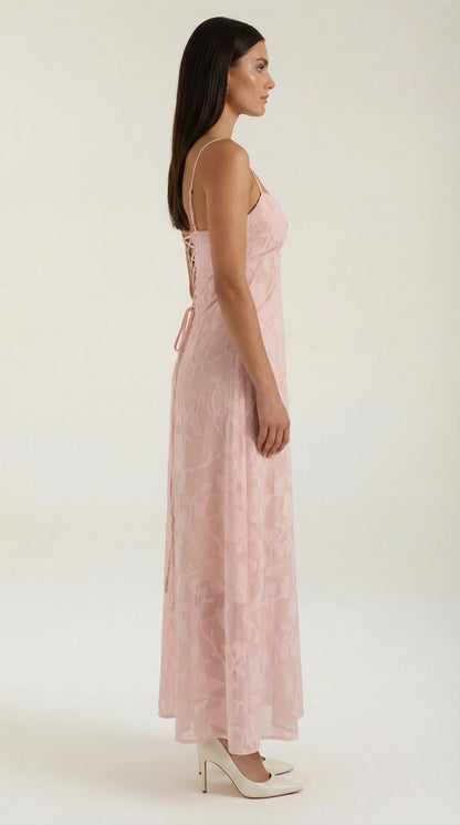 Arabelle Lace Maxi Dress — Women’s Floral Jacquard Sweetheart Strap Elegant Bridal Evening Gown