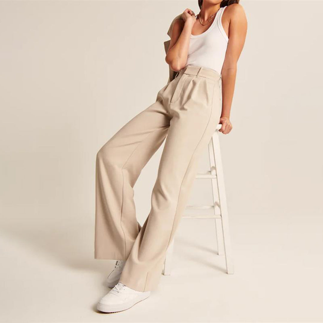 Women's High-Waisted Cotton Wide Trousers - Elegant and Stylish for Spring