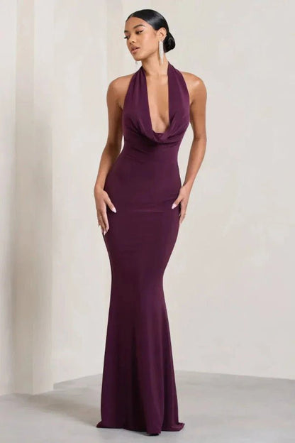 Bernice Cowl Neck Backless Gown for Women – Plum Satin Jersey Elegant Evening Dress