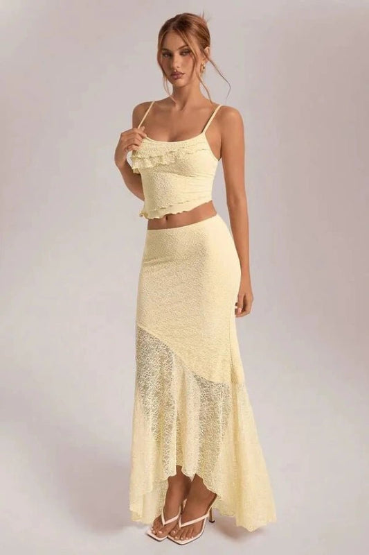 Bettylia Floral Lace Two-Piece Set for Women – Romantic Asymmetrical Maxi Skirt Co-Ord Set