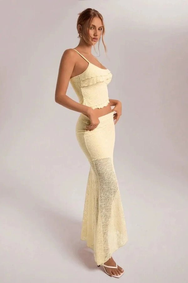 Bettylia Floral Lace Two-Piece Set for Women – Romantic Asymmetrical Maxi Skirt Co-Ord Set