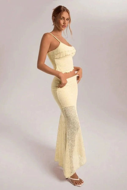 Bettylia Floral Lace Two-Piece Set for Women – Romantic Asymmetrical Maxi Skirt Co-Ord Set