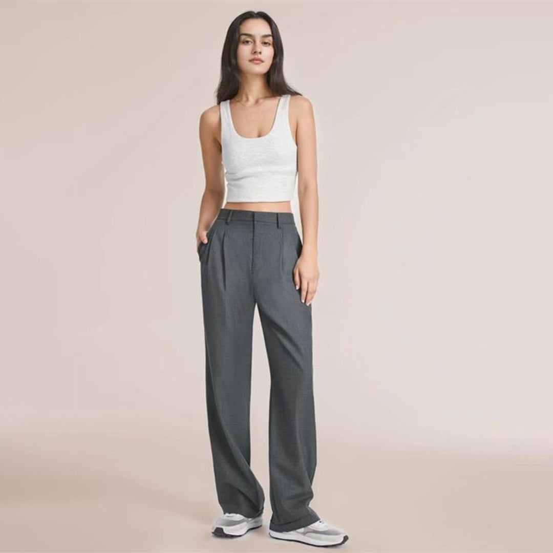 Women's High-Waisted Cotton Wide Trousers - Elegant and Stylish for Spring