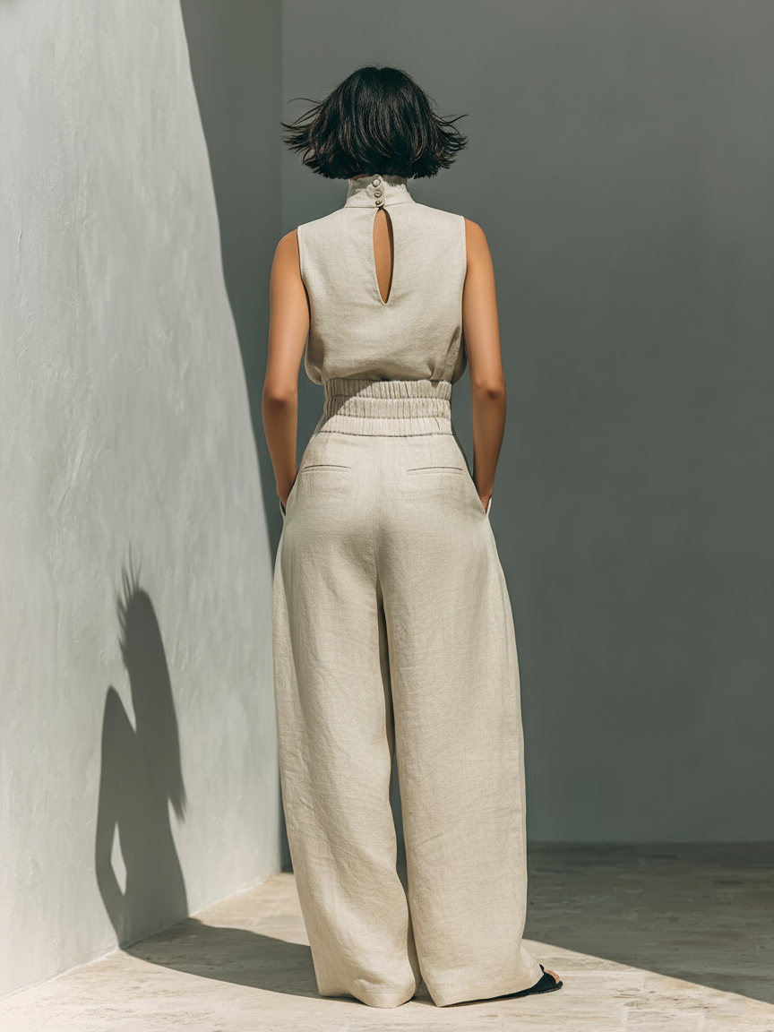 Women's Sleeveless Cotton-Linen Blouse and Wide-Leg Pants Ensemble