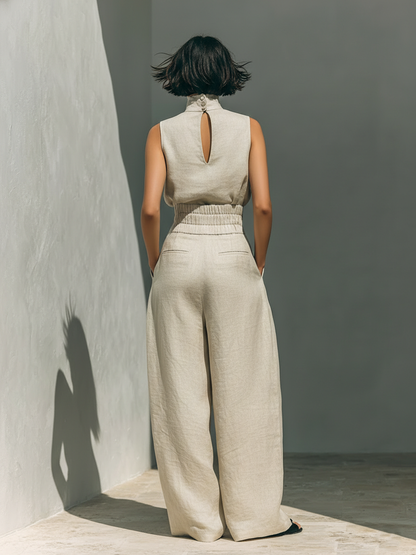 Women's Sleeveless Cotton-Linen Blouse and Wide-Leg Pants Ensemble