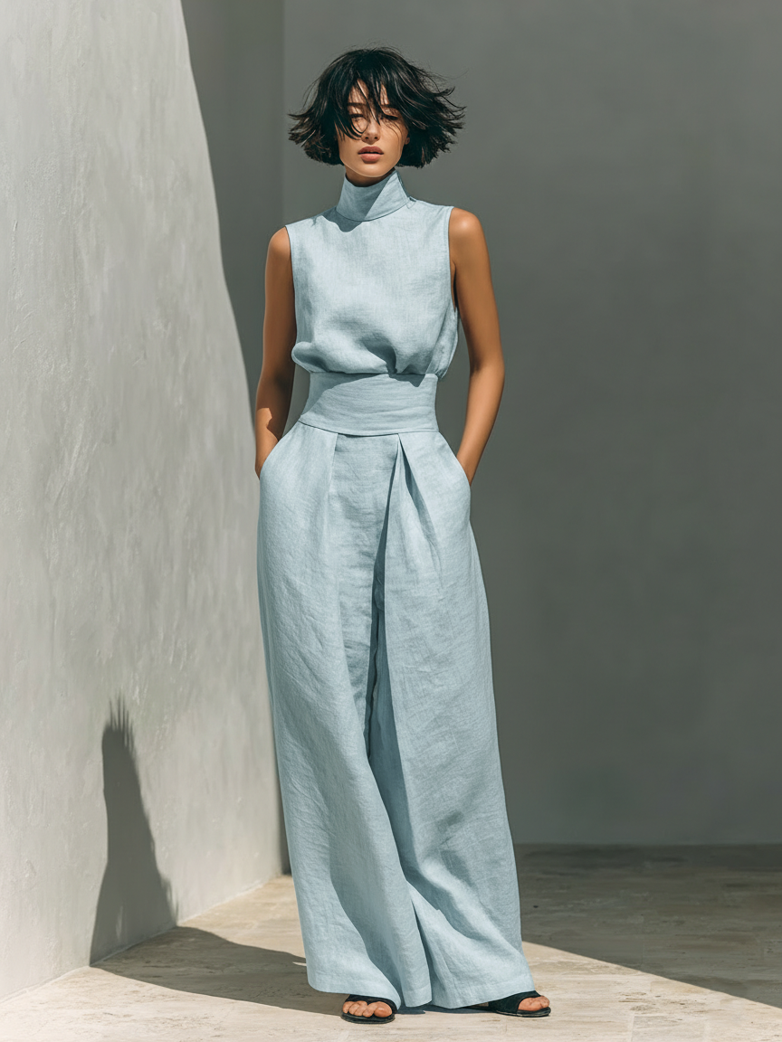 Women's Sleeveless Cotton-Linen Blouse and Wide-Leg Pants Ensemble