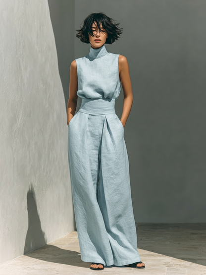 Women's Sleeveless Cotton-Linen Blouse and Wide-Leg Pants Ensemble