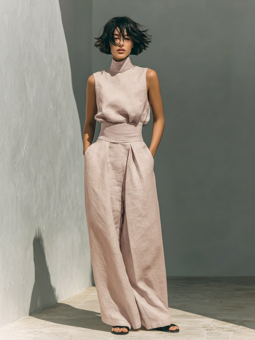 Women's Sleeveless Cotton-Linen Blouse and Wide-Leg Pants Ensemble