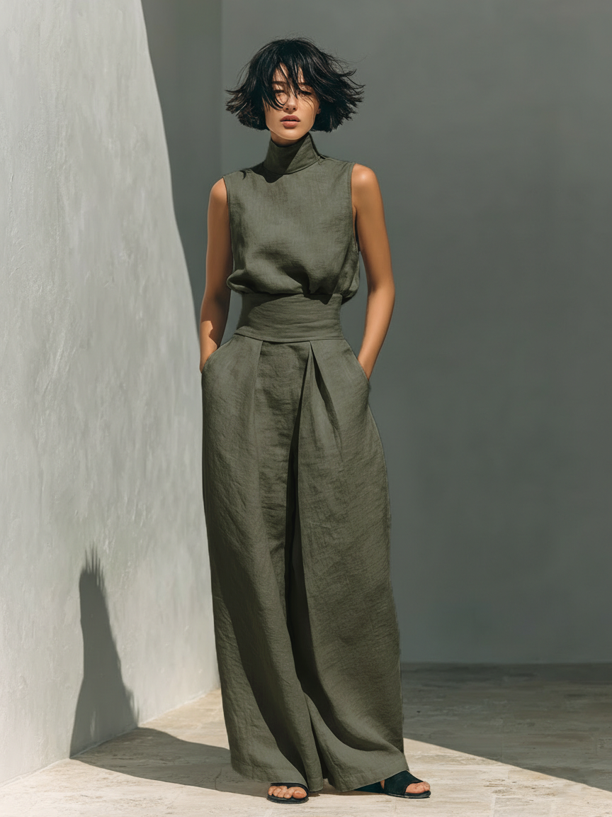 Women's Sleeveless Cotton-Linen Blouse and Wide-Leg Pants Ensemble
