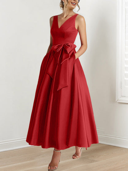 A-Line/Princess V-Neck Sleeveless Ankle-Length Mother of the Bride Dresses with Pockets & Ruffles