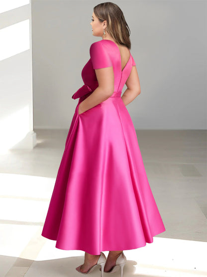 A-Line/Princess V-Neck Short Sleeves Ankle-Length Mother of the Bride Dresses With Pockets & Ruffles