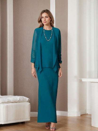 3 Piece Dress Set Sheath/Column Scoop Neck Long Sleeves Floor-Length Mother of the Bride Dresses with Jacket