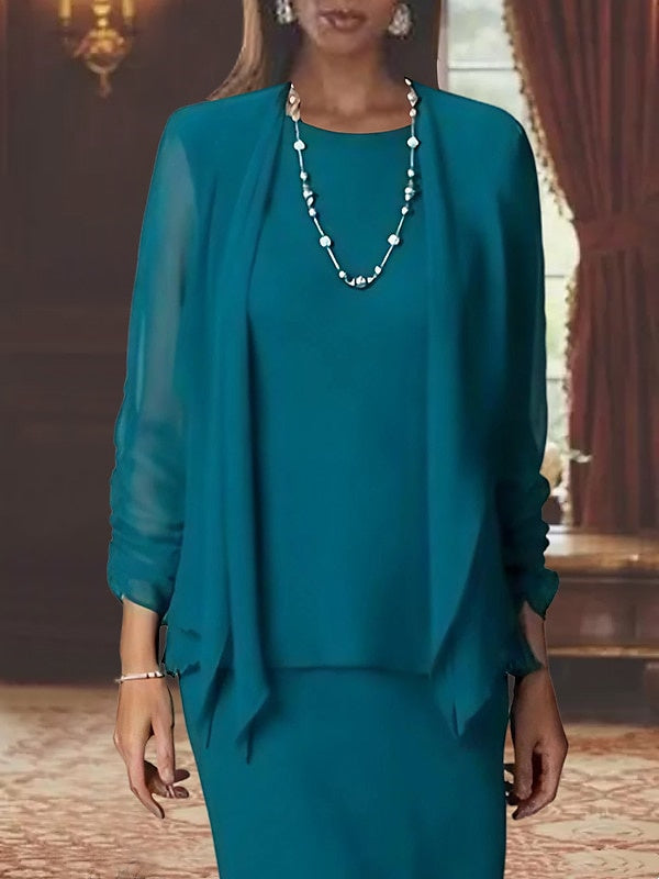 3 Piece Dress Set Sheath/Column Scoop Neck Long Sleeves Floor-Length Mother of the Bride Dresses with Jacket