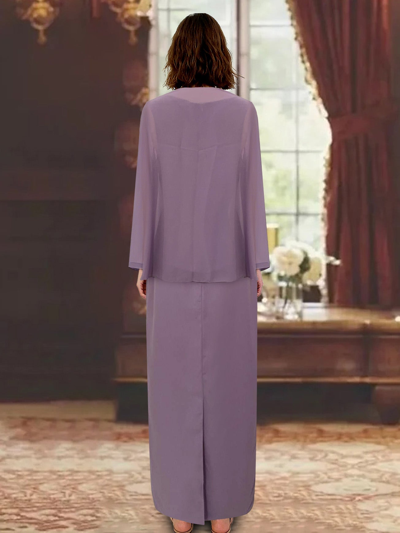 3 Piece Dress Set Sheath/Column Scoop Neck Long Sleeves Floor-Length Mother of the Bride Dresses with Jacket