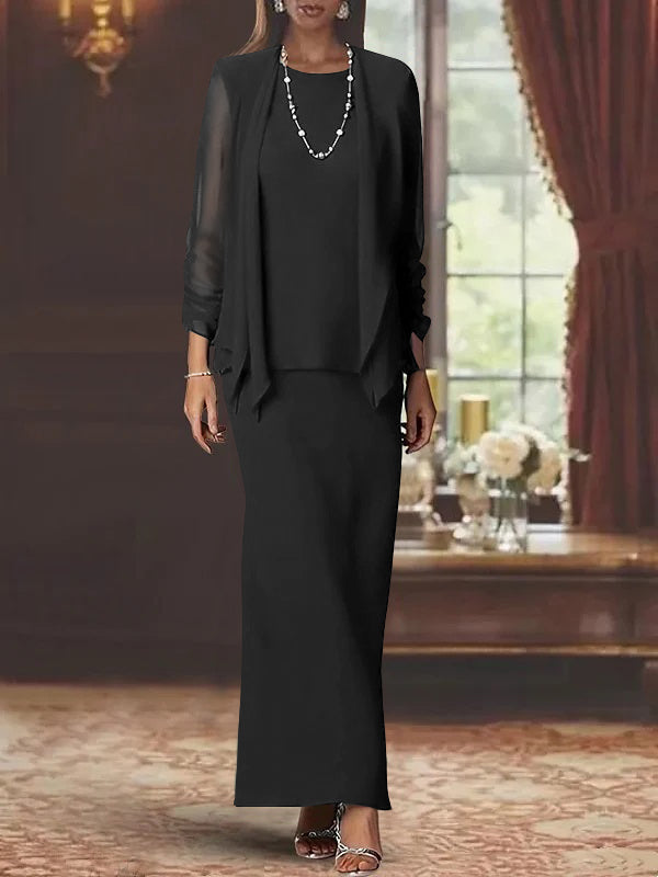 3 Piece Dress Set Sheath/Column Scoop Neck Long Sleeves Floor-Length Mother of the Bride Dresses with Jacket