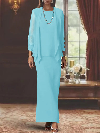 3 Piece Dress Set Sheath/Column Scoop Neck Long Sleeves Floor-Length Mother of the Bride Dresses with Jacket