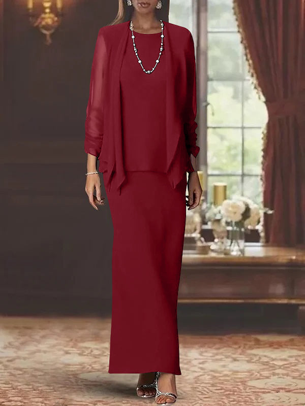 3 Piece Dress Set Sheath/Column Scoop Neck Long Sleeves Floor-Length Mother of the Bride Dresses with Jacket
