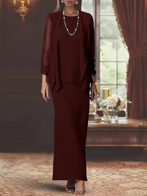3 Piece Dress Set Sheath/Column Scoop Neck Long Sleeves Floor-Length Mother of the Bride Dresses with Jacket