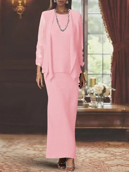 3 Piece Dress Set Sheath/Column Scoop Neck Long Sleeves Floor-Length Mother of the Bride Dresses with Jacket