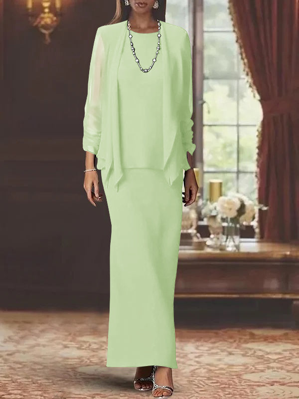 3 Piece Dress Set Sheath/Column Scoop Neck Long Sleeves Floor-Length Mother of the Bride Dresses with Jacket