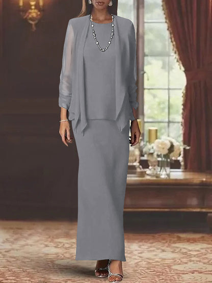 3 Piece Dress Set Sheath/Column Scoop Neck Long Sleeves Floor-Length Mother of the Bride Dresses with Jacket