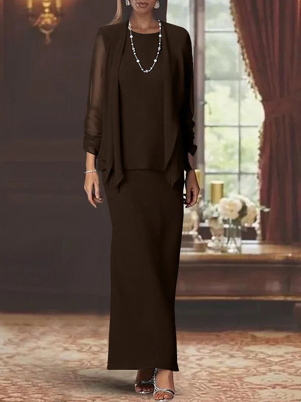 3 Piece Dress Set Sheath/Column Scoop Neck Long Sleeves Floor-Length Mother of the Bride Dresses with Jacket