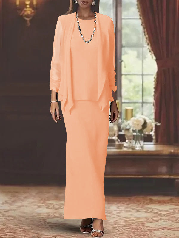 3 Piece Dress Set Sheath/Column Scoop Neck Long Sleeves Floor-Length Mother of the Bride Dresses with Jacket