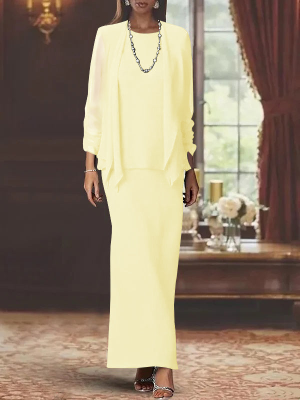 3 Piece Dress Set Sheath/Column Scoop Neck Long Sleeves Floor-Length Mother of the Bride Dresses with Jacket