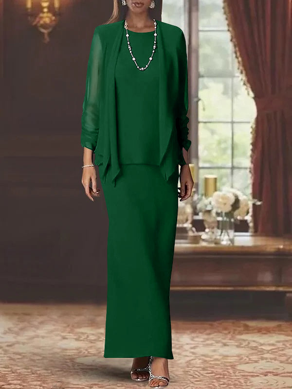 3 Piece Dress Set Sheath/Column Scoop Neck Long Sleeves Floor-Length Mother of the Bride Dresses with Jacket