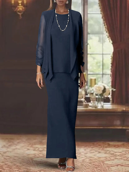 3 Piece Dress Set Sheath/Column Scoop Neck Long Sleeves Floor-Length Mother of the Bride Dresses with Jacket