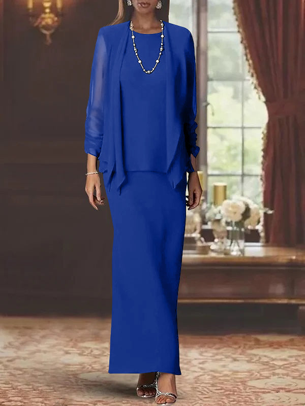 3 Piece Dress Set Sheath/Column Scoop Neck Long Sleeves Floor-Length Mother of the Bride Dresses with Jacket
