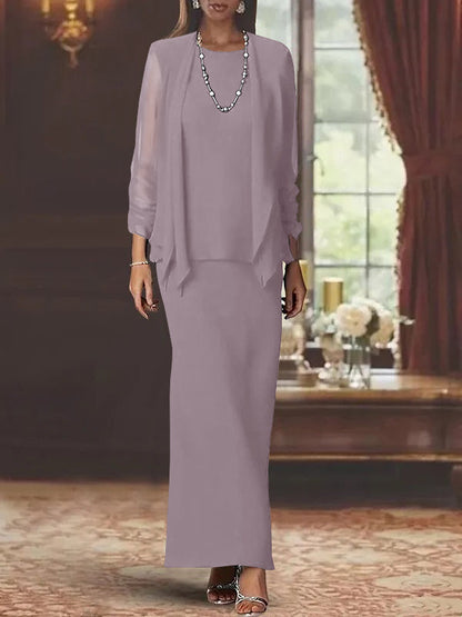 3 Piece Dress Set Sheath/Column Scoop Neck Long Sleeves Floor-Length Mother of the Bride Dresses with Jacket