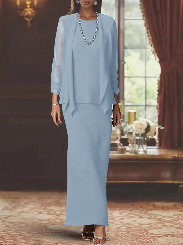 3 Piece Dress Set Sheath/Column Scoop Neck Long Sleeves Floor-Length Mother of the Bride Dresses with Jacket