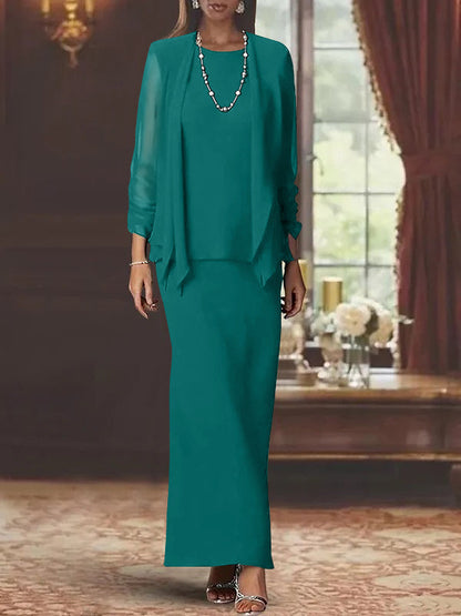 3 Piece Dress Set Sheath/Column Scoop Neck Long Sleeves Floor-Length Mother of the Bride Dresses with Jacket