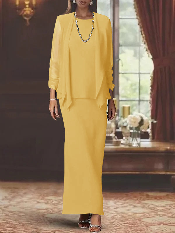3 Piece Dress Set Sheath/Column Scoop Neck Long Sleeves Floor-Length Mother of the Bride Dresses with Jacket