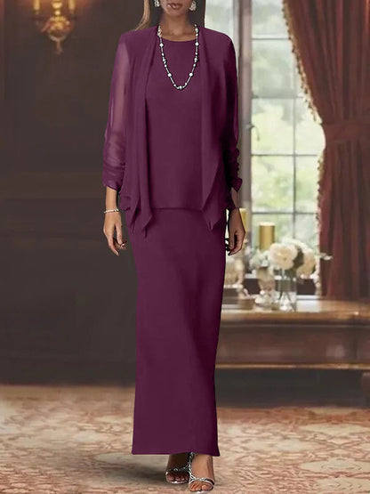 3 Piece Dress Set Sheath/Column Scoop Neck Long Sleeves Floor-Length Mother of the Bride Dresses with Jacket
