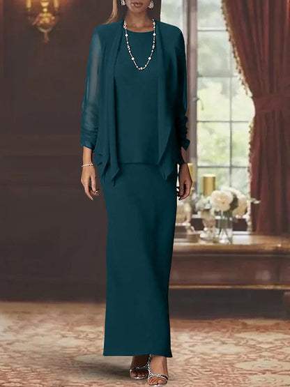 3 Piece Dress Set Sheath/Column Scoop Neck Long Sleeves Floor-Length Mother of the Bride Dresses with Jacket