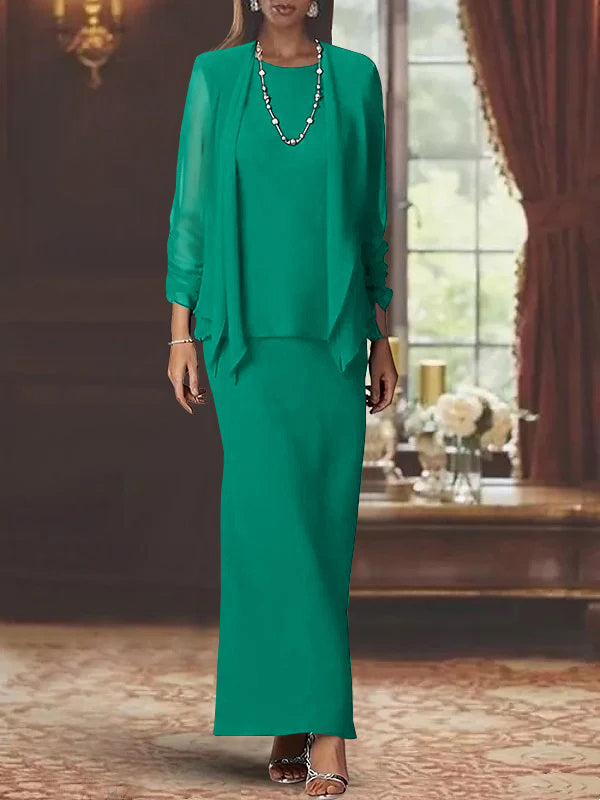 3 Piece Dress Set Sheath/Column Scoop Neck Long Sleeves Floor-Length Mother of the Bride Dresses with Jacket