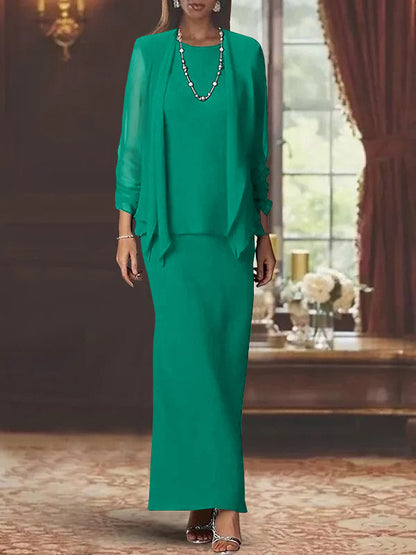 3 Piece Dress Set Sheath/Column Scoop Neck Long Sleeves Floor-Length Mother of the Bride Dresses with Jacket
