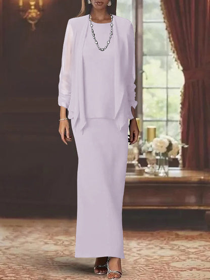 3 Piece Dress Set Sheath/Column Scoop Neck Long Sleeves Floor-Length Mother of the Bride Dresses with Jacket