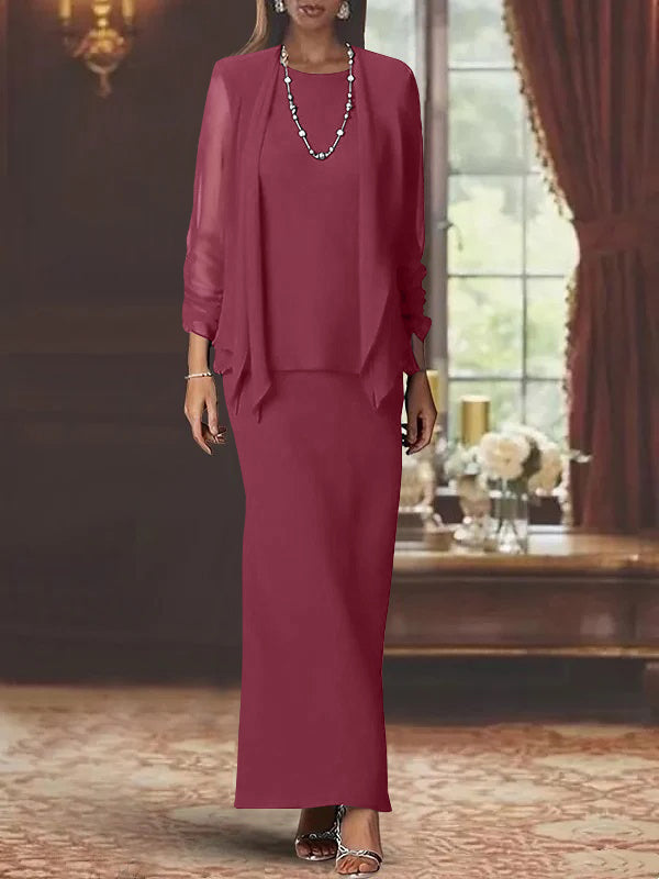 3 Piece Dress Set Sheath/Column Scoop Neck Long Sleeves Floor-Length Mother of the Bride Dresses with Jacket
