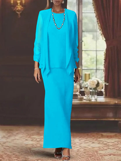 3 Piece Dress Set Sheath/Column Scoop Neck Long Sleeves Floor-Length Mother of the Bride Dresses with Jacket