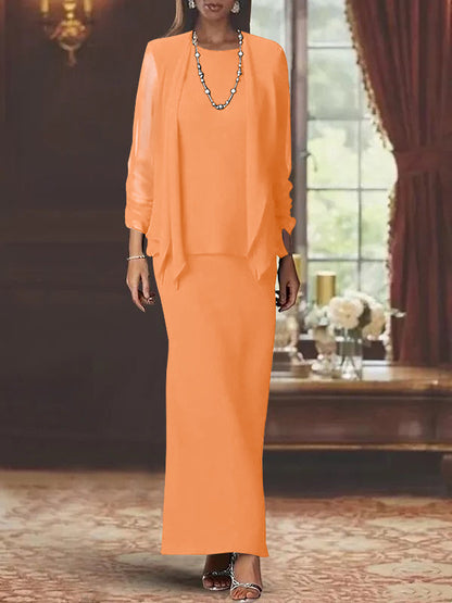 3 Piece Dress Set Sheath/Column Scoop Neck Long Sleeves Floor-Length Mother of the Bride Dresses with Jacket