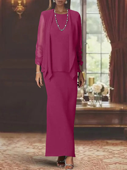 3 Piece Dress Set Sheath/Column Scoop Neck Long Sleeves Floor-Length Mother of the Bride Dresses with Jacket